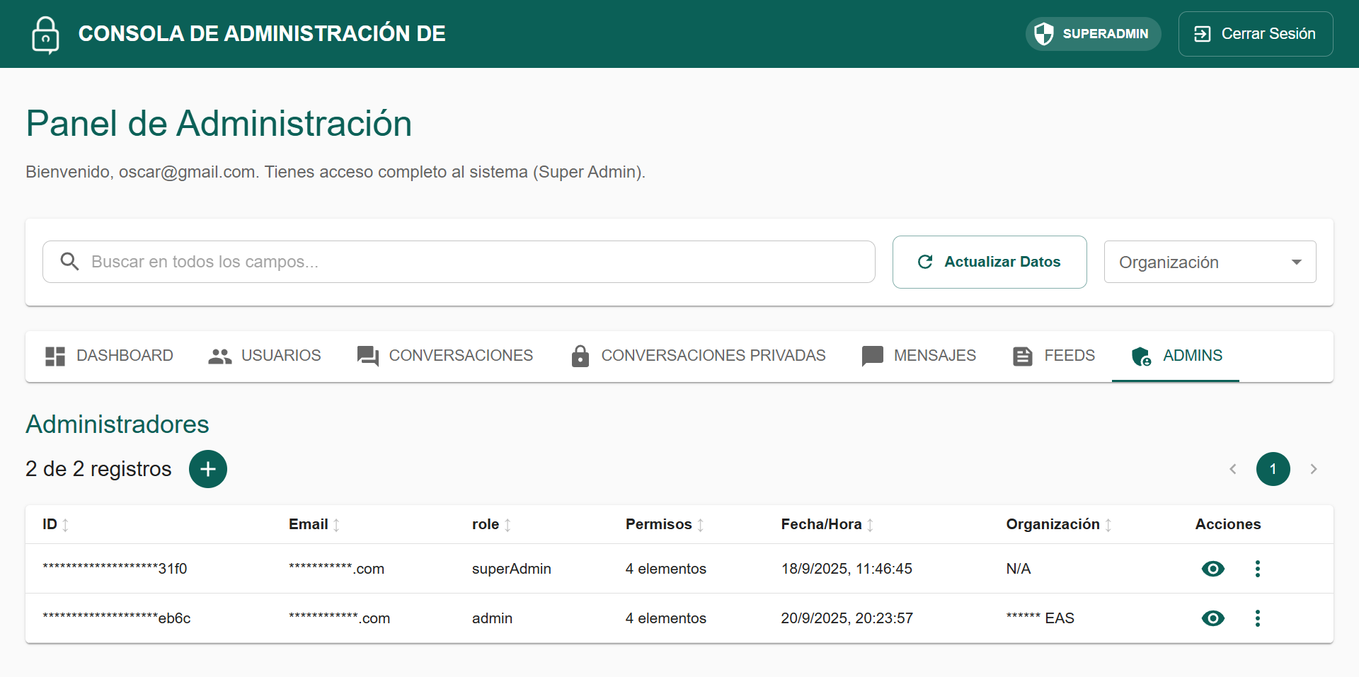 appChat Admin - Panel de control